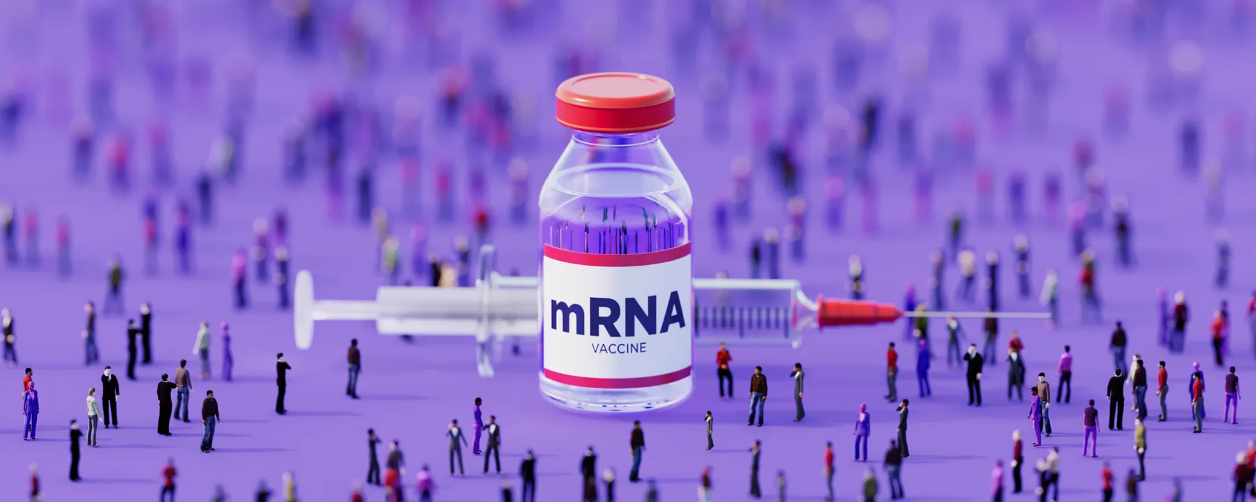 An mRNA vaccine vial and syringe surrounded by a crowd of people